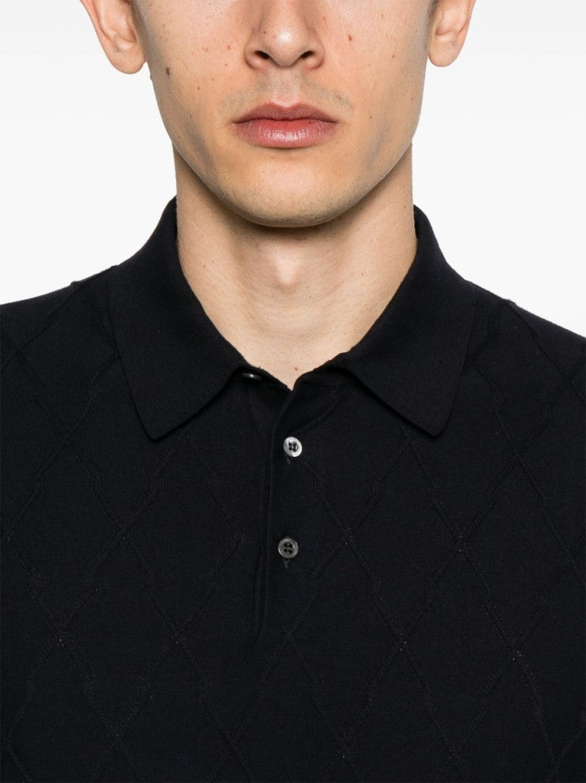 Corneliani Textured Black Polo Sweater With Buttoned Placket