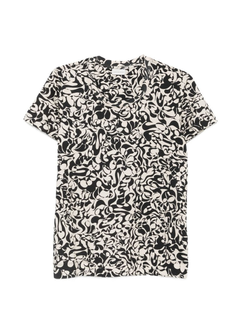 Dries Van Noten Black Beige Patterned Crew Neck T-Shirt