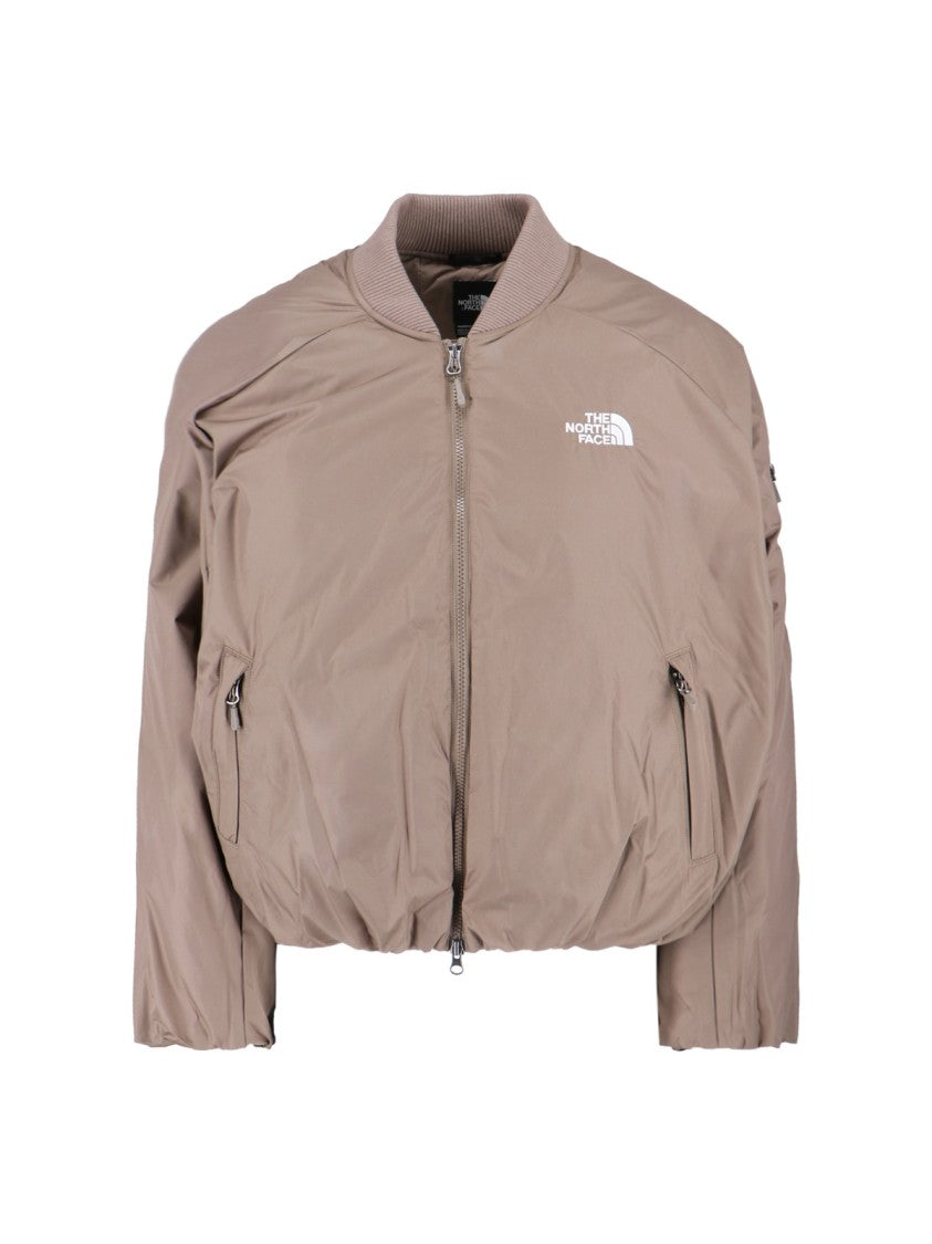 The North Face Beige Padded Bomber Jacket With Shawl Collar And Ribbed Trimming