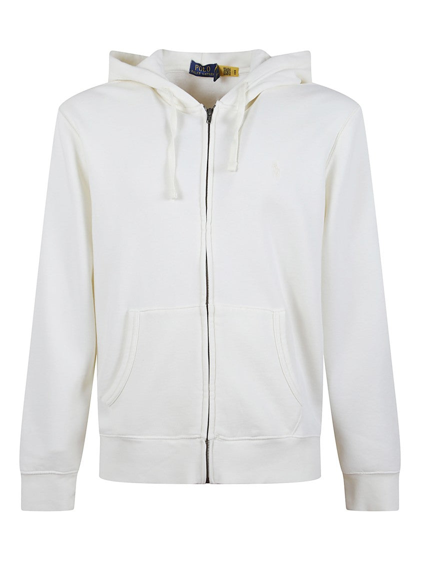Polo Ralph Lauren Cream Cotton Blend Zip-Up Hoodie With Embroidered Pony