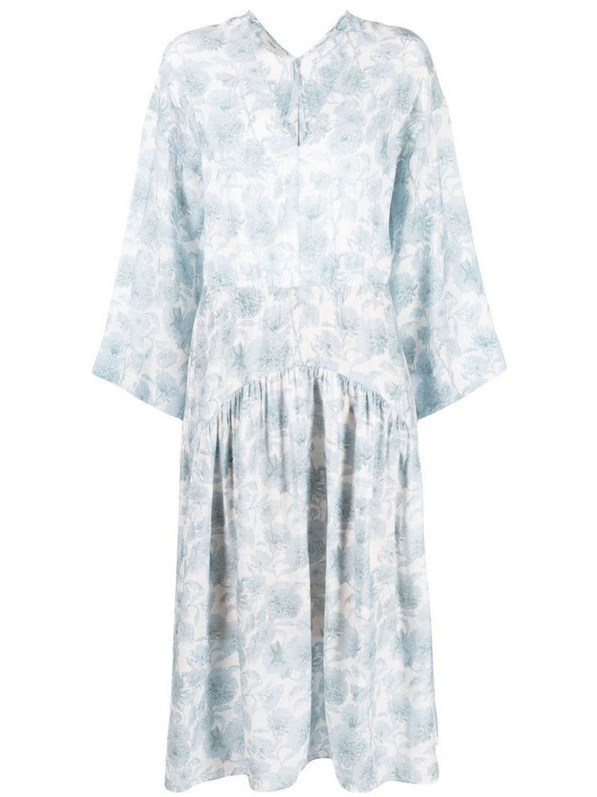 Vince Double V-Neck Midi Dress With Gathered Waist And Three-Quarter Sleeves