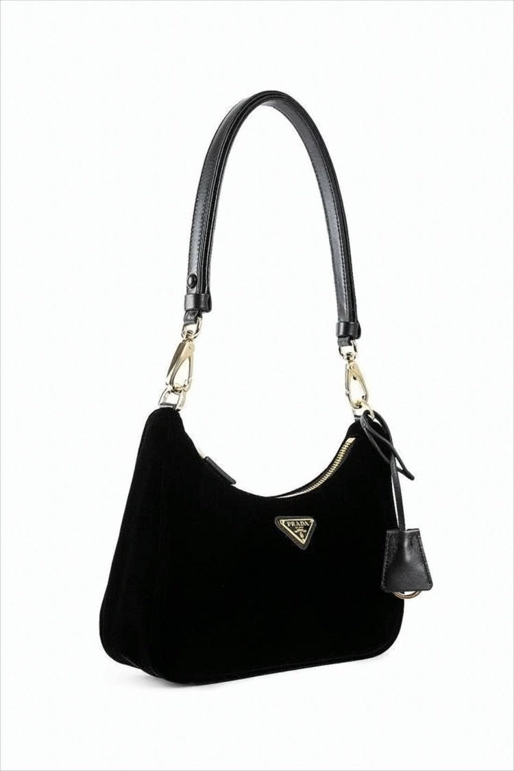 Prada Curved Black Shoulder Bag With Gold Accents
