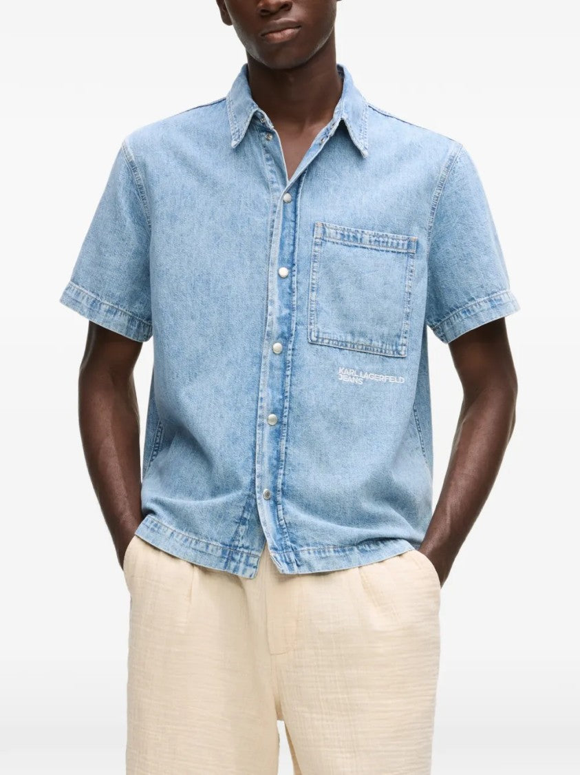 Karl Lagerfeld Light Blue Denim Short-Sleeve Shirt With Classic Collar