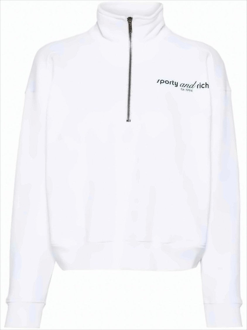 Sporty And Rich Half-Zip Long Sleeve Cotton Pullover With Ribbed Details