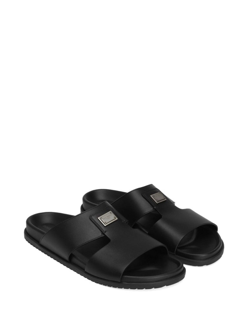 Dolce & Gabbana Logo-Embellished Black Leather Sandals With Moulded Footbed