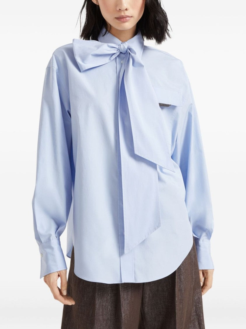 Brunello Cucinelli Light Blue Shirt With Oversized Bow Tie And Relaxed Fit