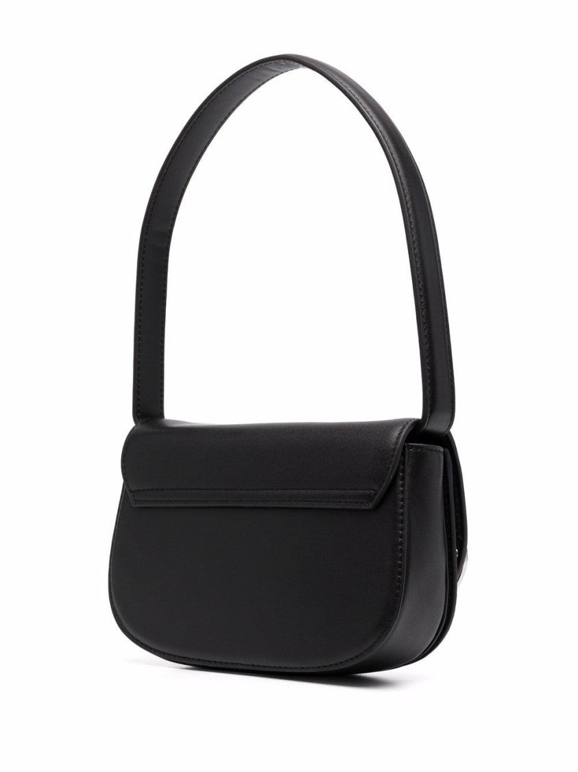 Diesel Black Leather Foldover Logo Plaque Bag