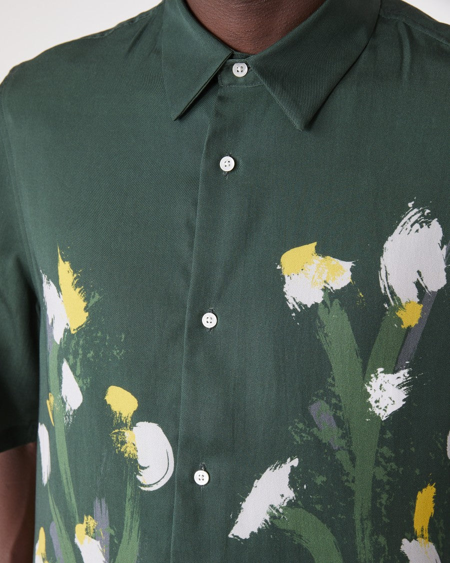 Officine Generale Short-Sleeved Satin Shirt With Watercolor Floral Motif