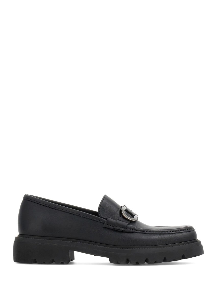 Ferragamo Black Leather Flat Shoes With Decorative Buckle