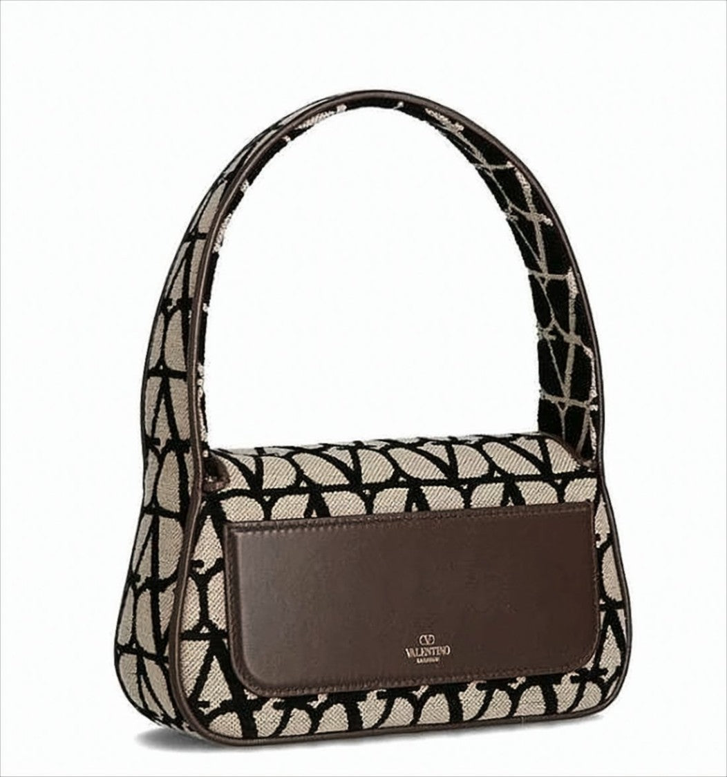 Valentino Garavani Beige Fabric Shoulder Bag With Black Monogram