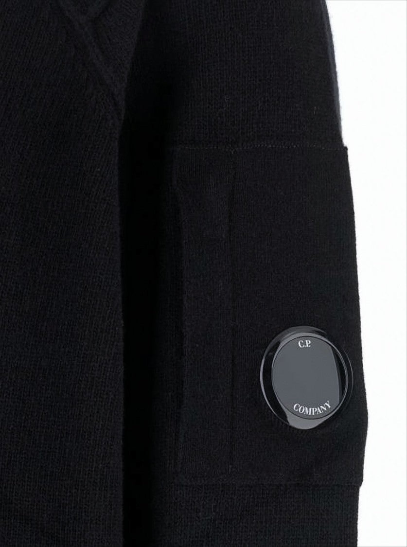 C.P. Company Black Zip-Up Cardigan With Ribbed Detailing And Logo Patch