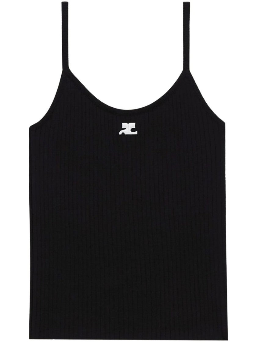 Courrèges Fitted Black Ribbed Tank Top With Subtle Logo