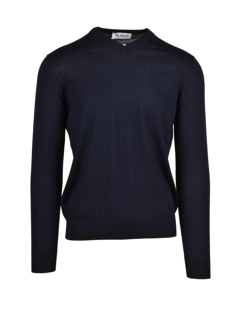 Blu Homme Navy Blue Extrafine Merino Wool V-Neck Pullover