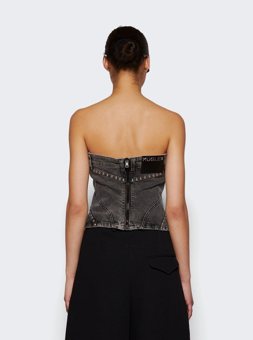 Mugler Spiral Denim Studded Bustier Top