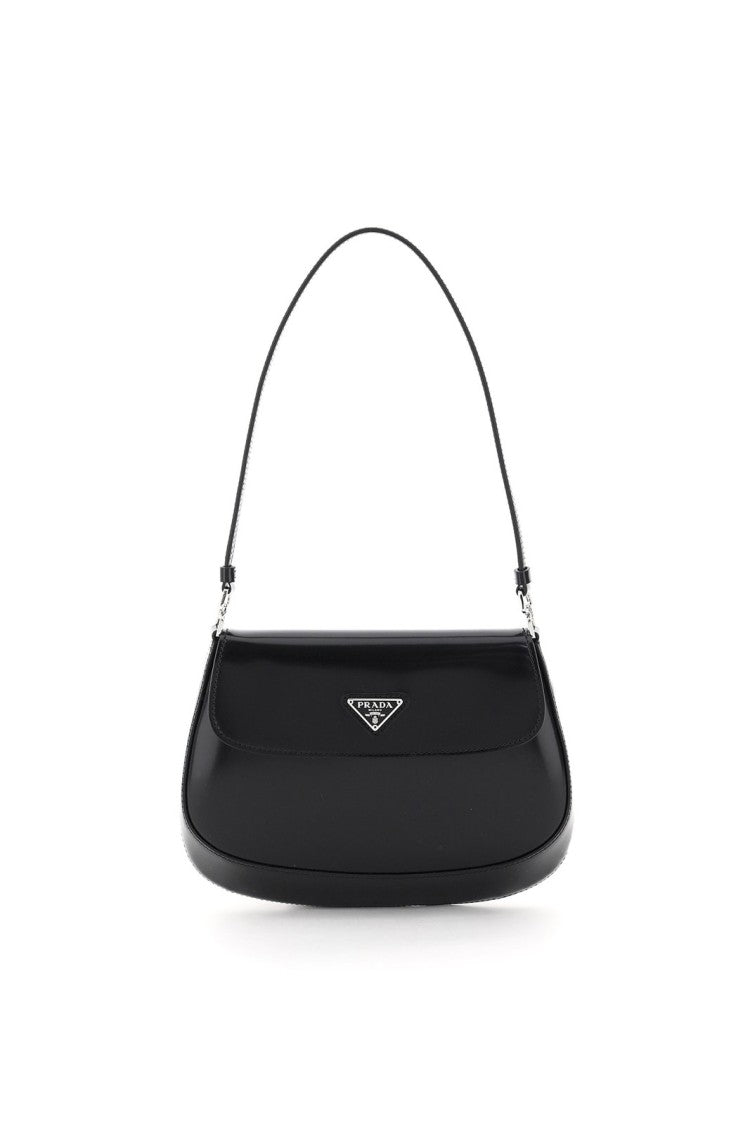 Prada Curved Black Cow Leather Shoulder Bag With Triangular Logo Plaque