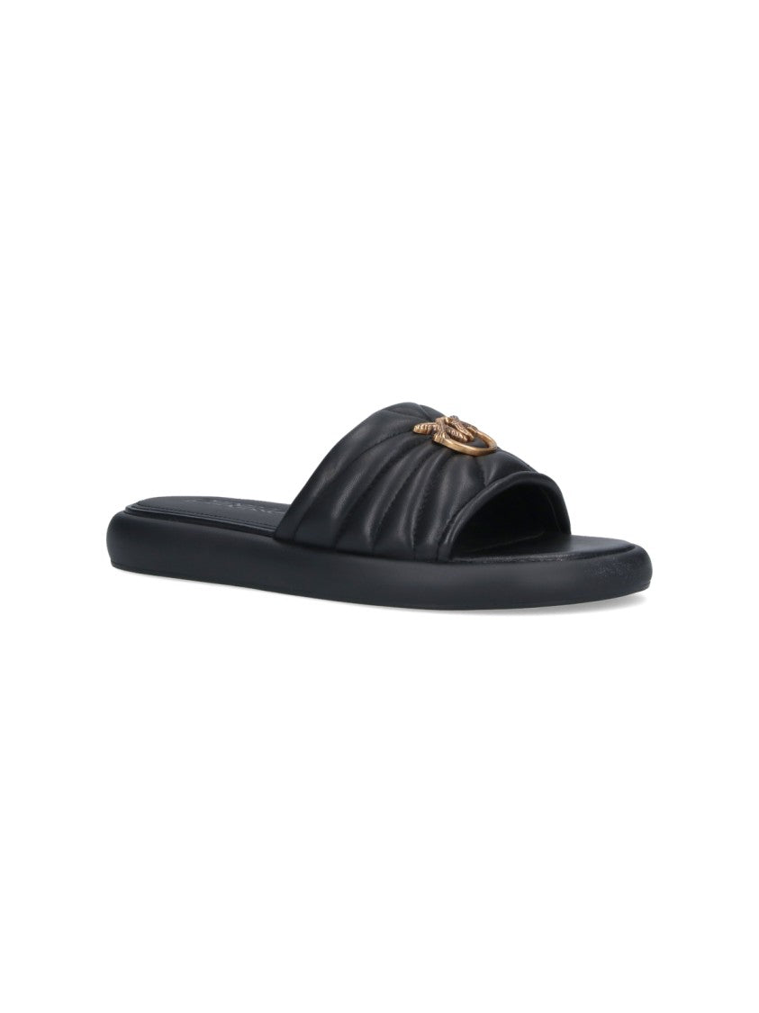 Pinko Black Love Birds Quilted Slide Sandals