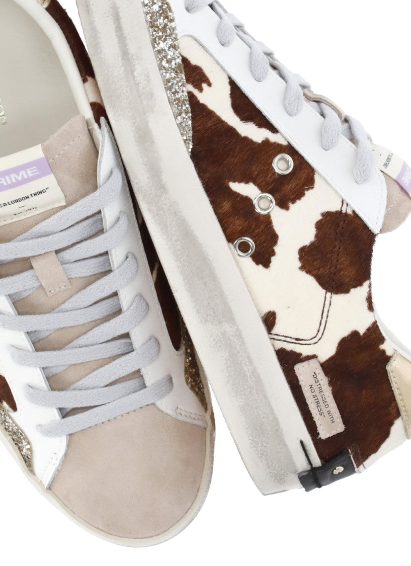 Crime London White Glitter Side Animal Print Leather Sneakers
