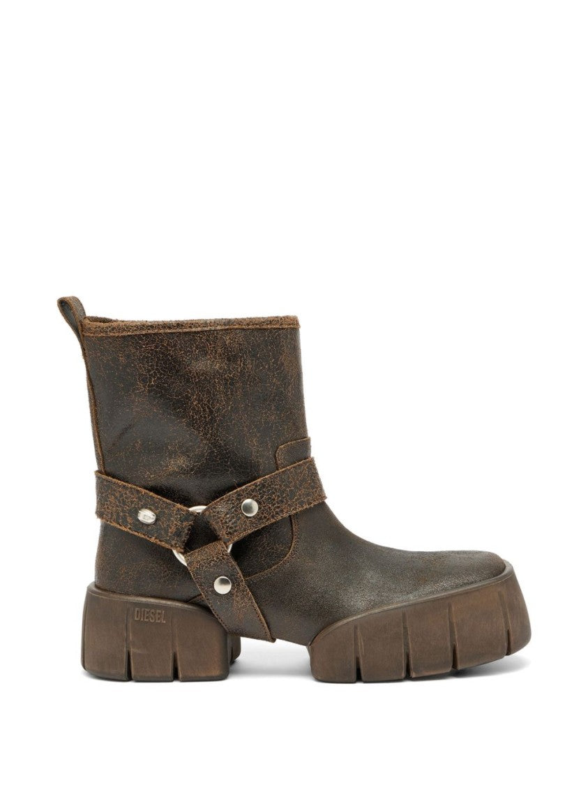 Diesel Brown Square Toe Leather Block Boots
