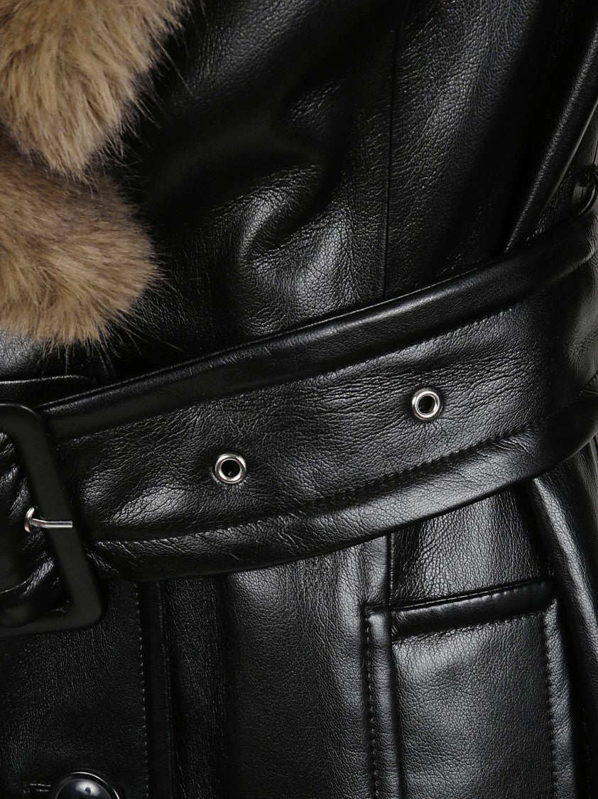 Stand Studio Black Leather-Like Coat With Plush Fur Collar And Belted Waist