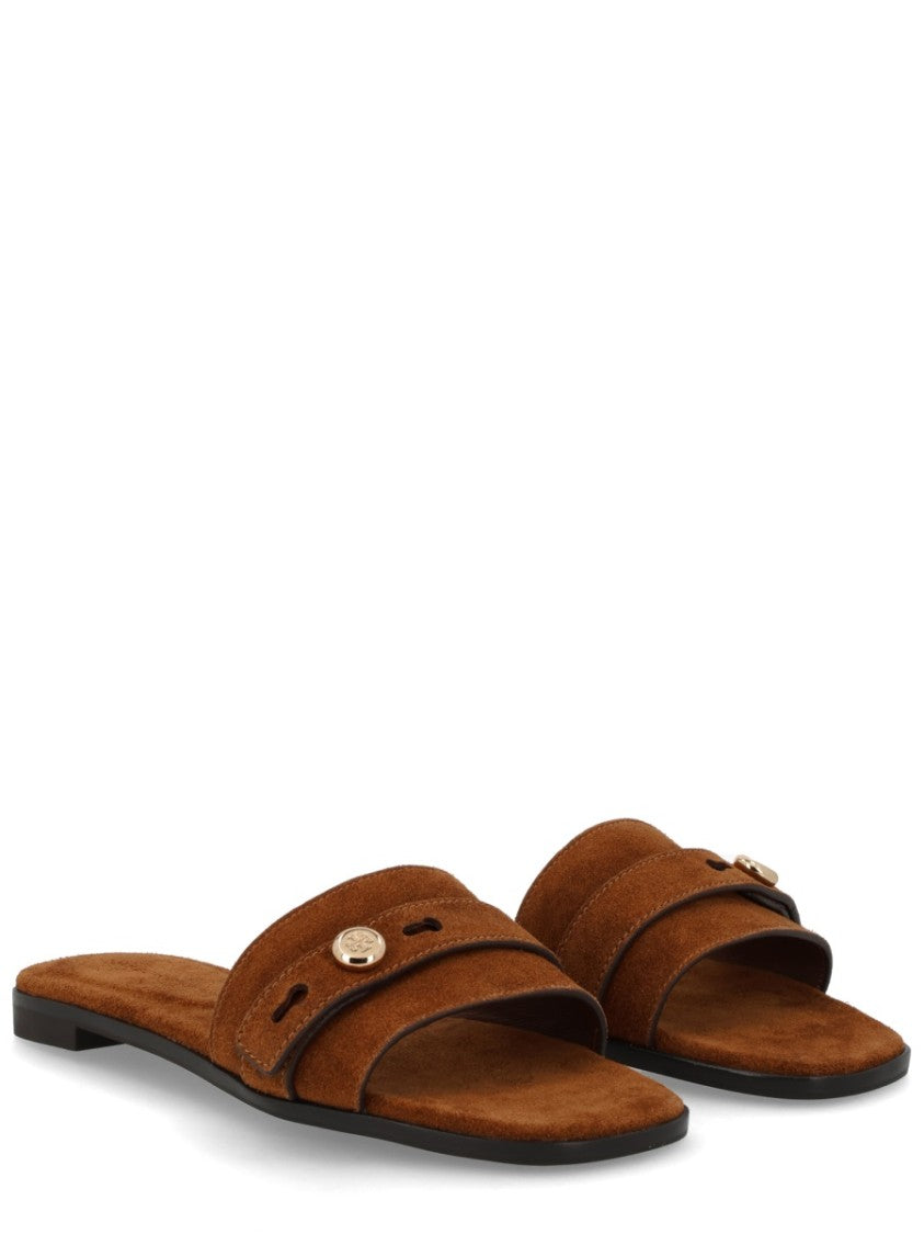 Tory Burch Warm Brown Suede Slide Sandals