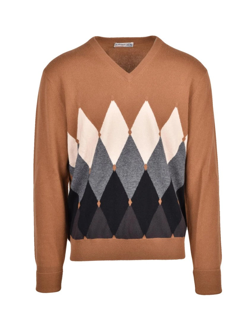 Ballantyne Brown Argyle Cashmere V-Neck Sweater