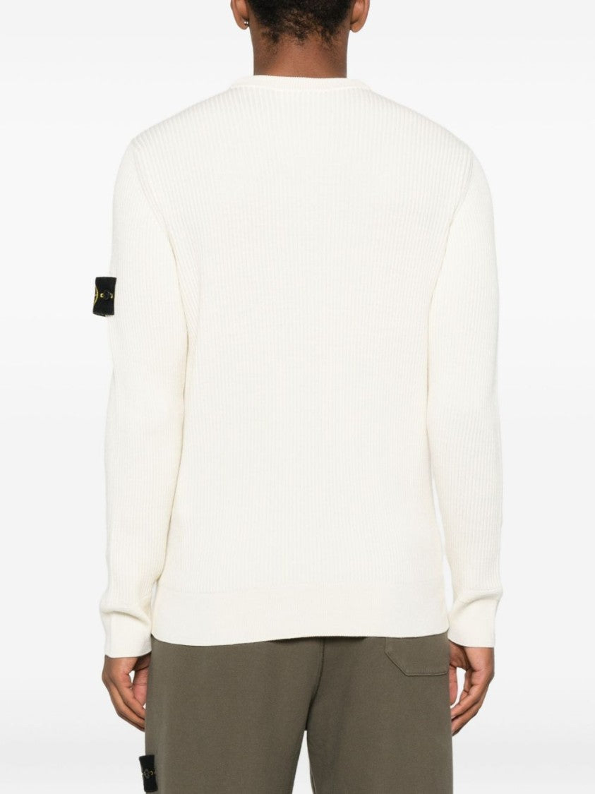 Stone Island Ivory Ribbed Knit Sweater With Crew Neckline