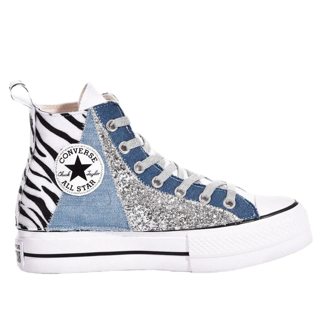 Converse Blue Handmade Zebra Lace Glitter Sneakers