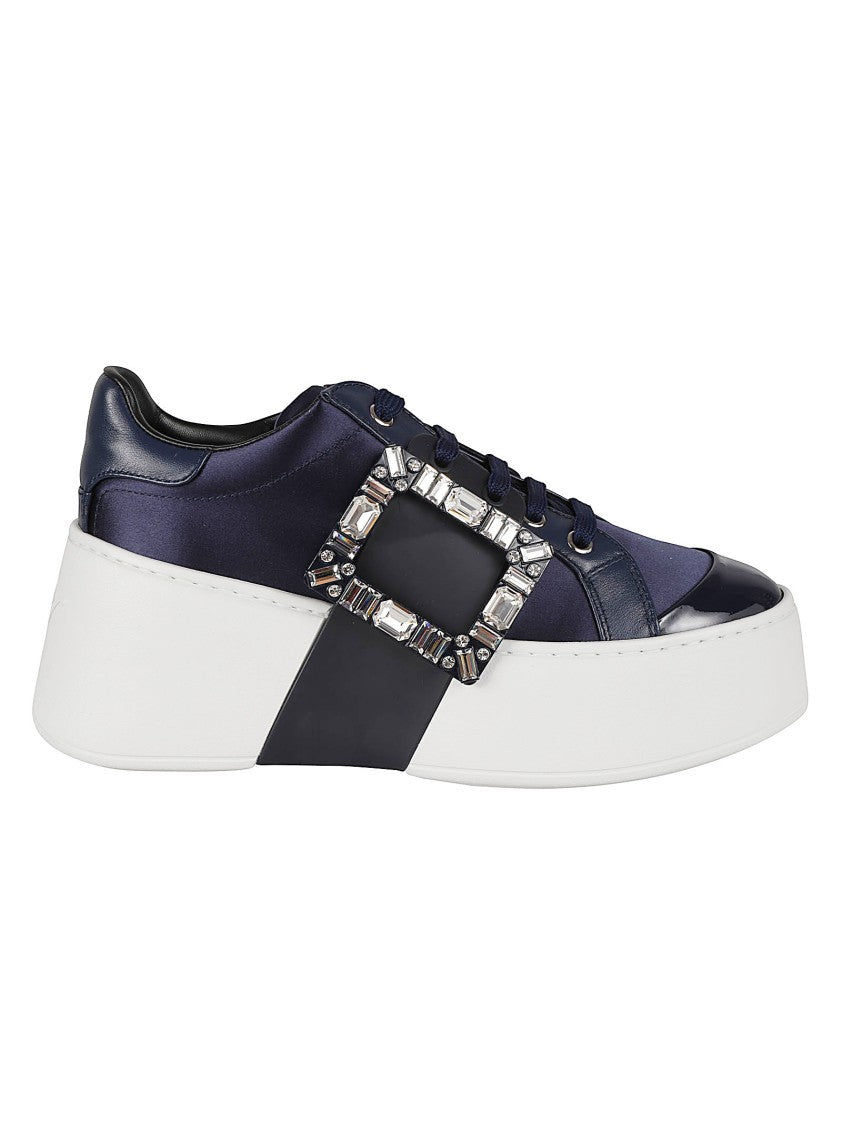 Roger Vivier Deep Navy Satin Sneakers With Crystal-Embellished Buckle