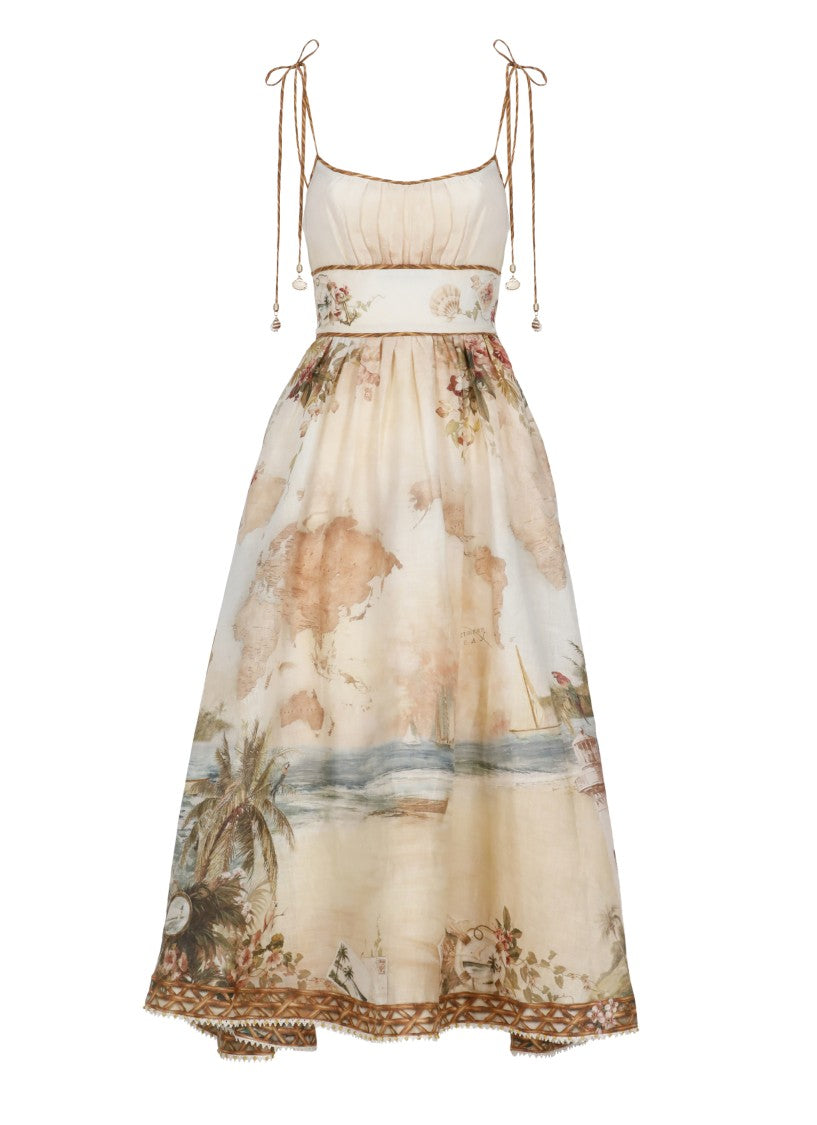 Zimmermann Island Map Print Midi Dress With Structured Bodice And Shell Charms