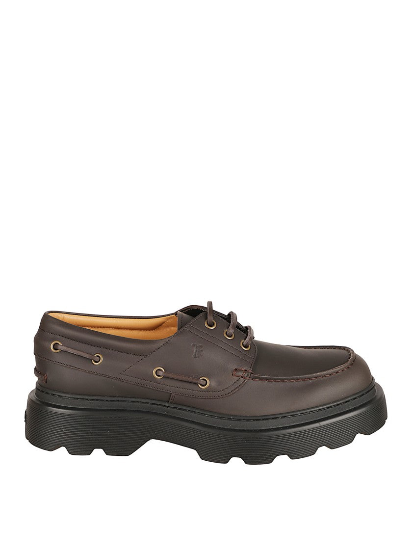 Tod's Brown Calfskin Lace-Up Flat Shoes