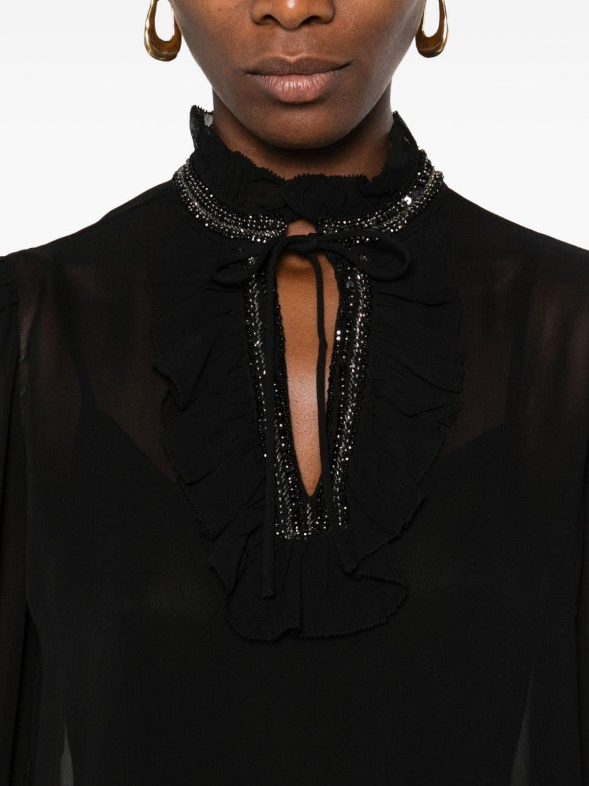 Twin-Set Ruffled Black Blouse With Bead Embellishments