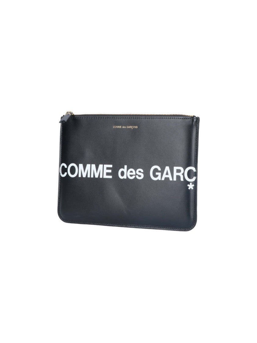 Comme Des Garçons Black Leather Pouch Wallet With Logo Print And Gold Accents