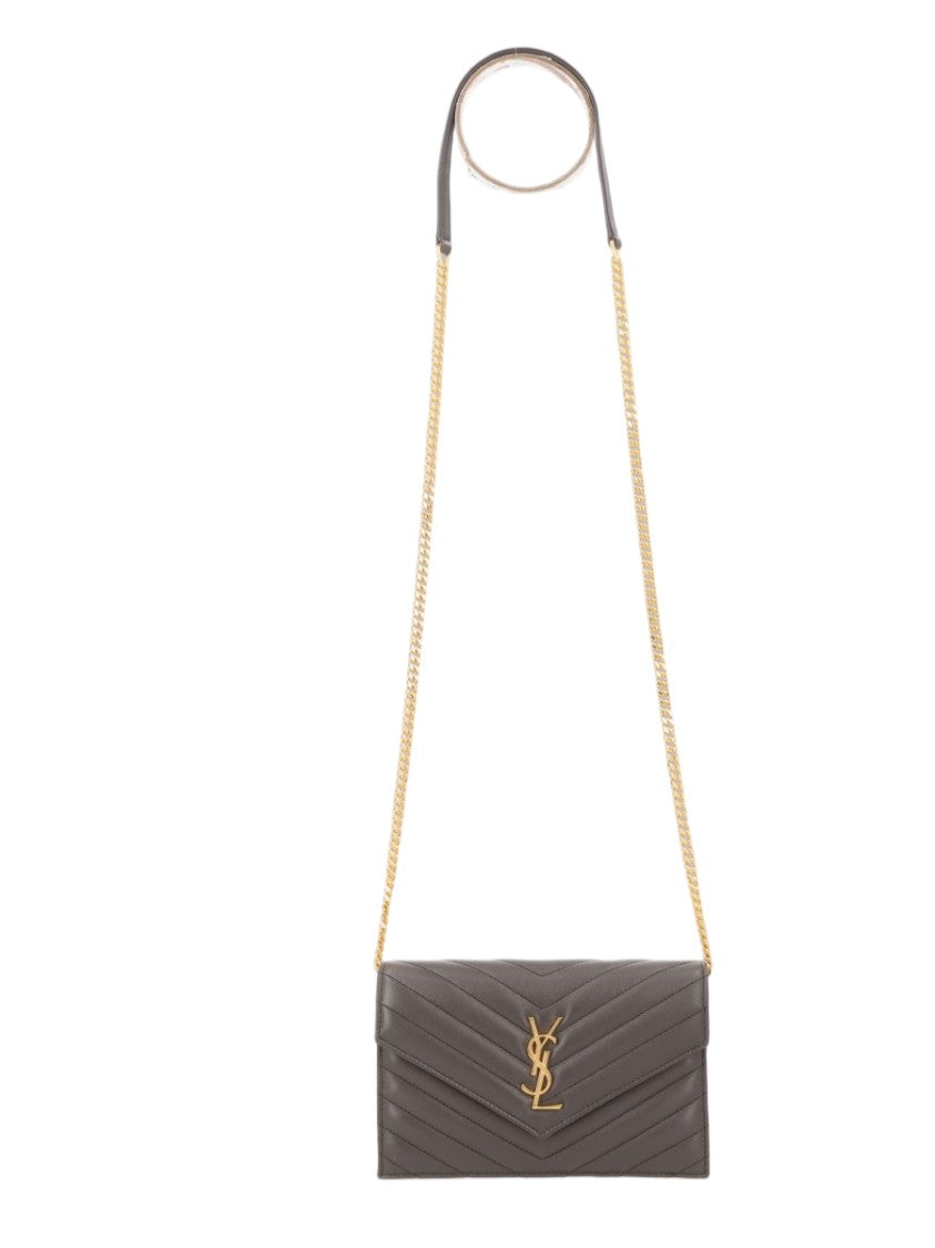 Saint Laurent Quilted Grey Shoulder Bag With Gold-Tone Chain Strap