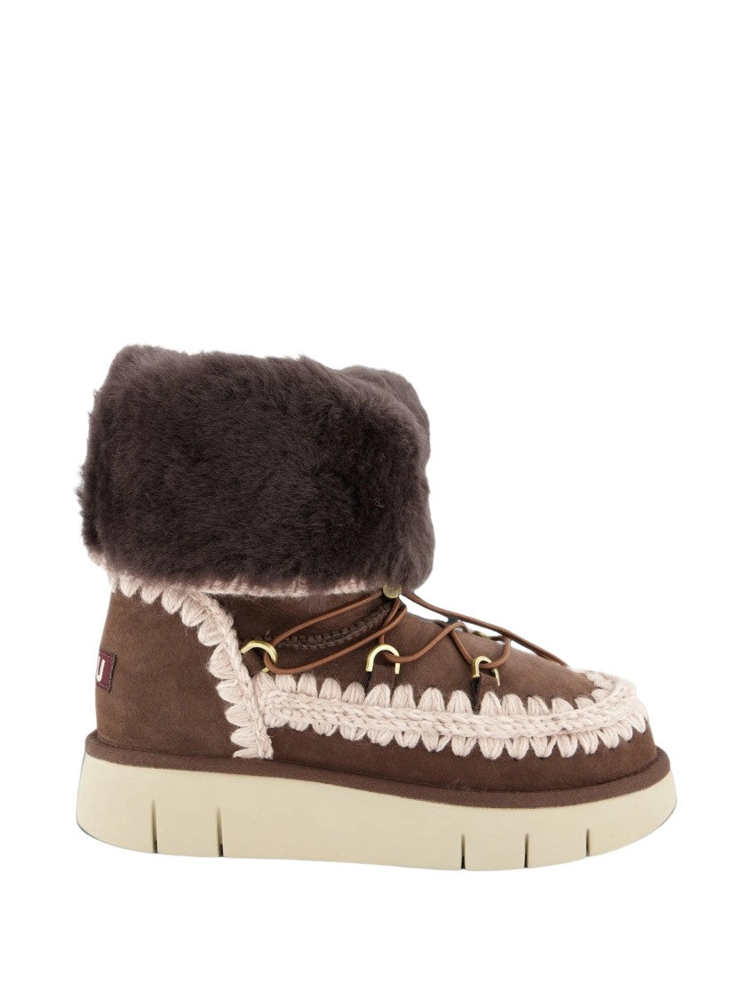 Mou Brown Bounce Fur-Cuff Braided Suede Shoes