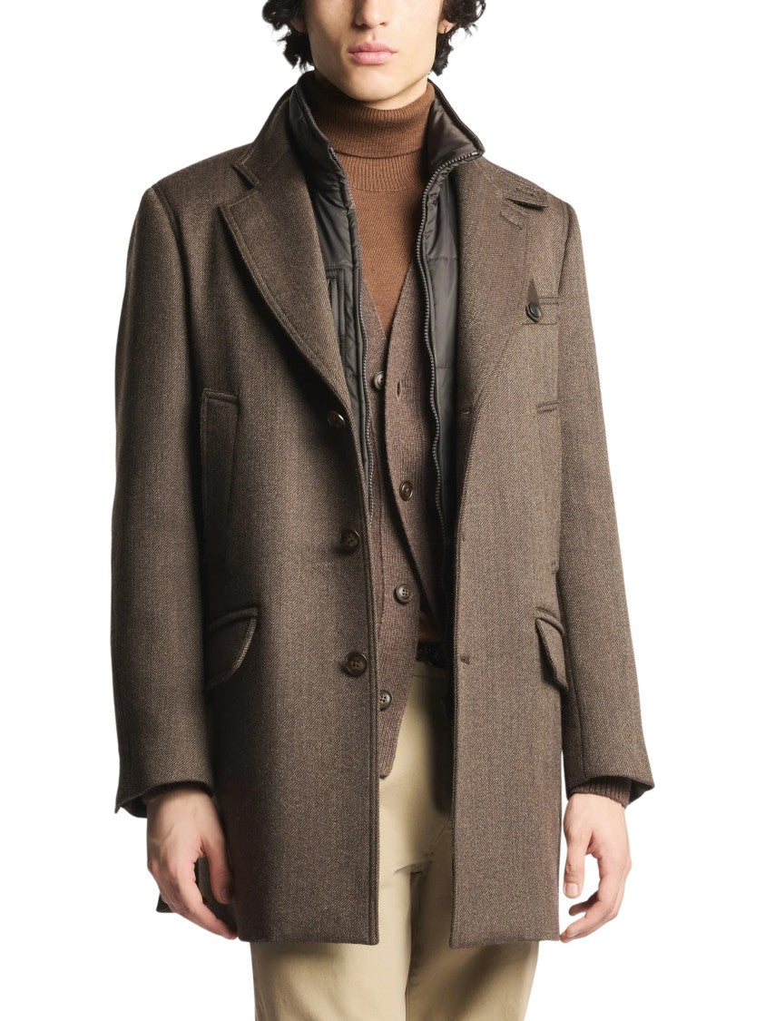 Fay Structured Brown Coat With Tailored Silhouette And Quilted Vest