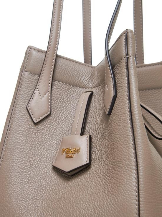 Fendi Structured Taupe Calf Leather Shoulder Bag With Gold-Tone Hardware