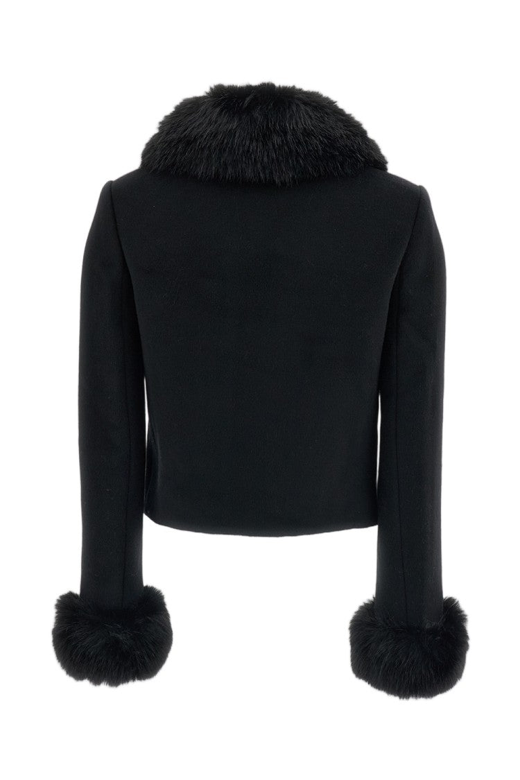 Self-Portrait Black Faux-Fur Cuff Cropped Wool Jacket