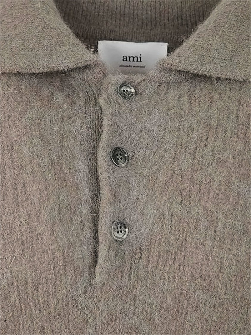 Ami Polo Collar Knit Sweater In Textured Alpaca Blend
