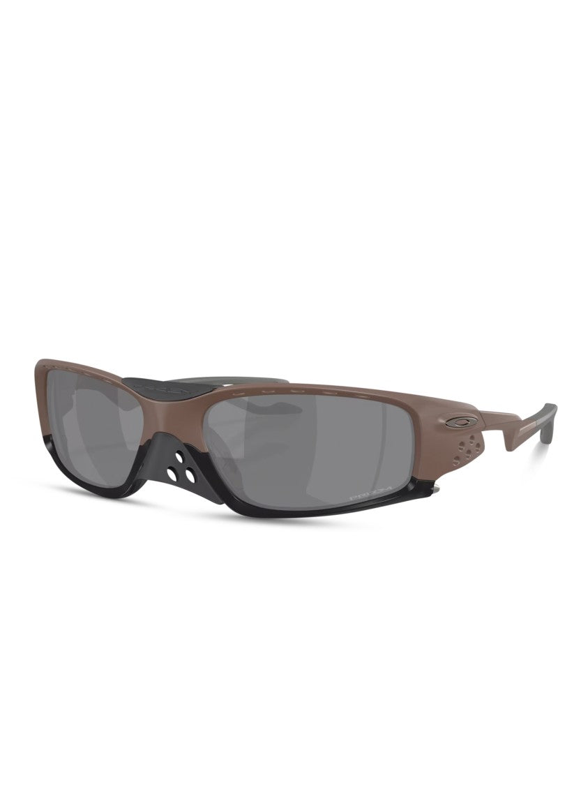 Oakley Wraparound Jet Black Accent Brown Sunglasses