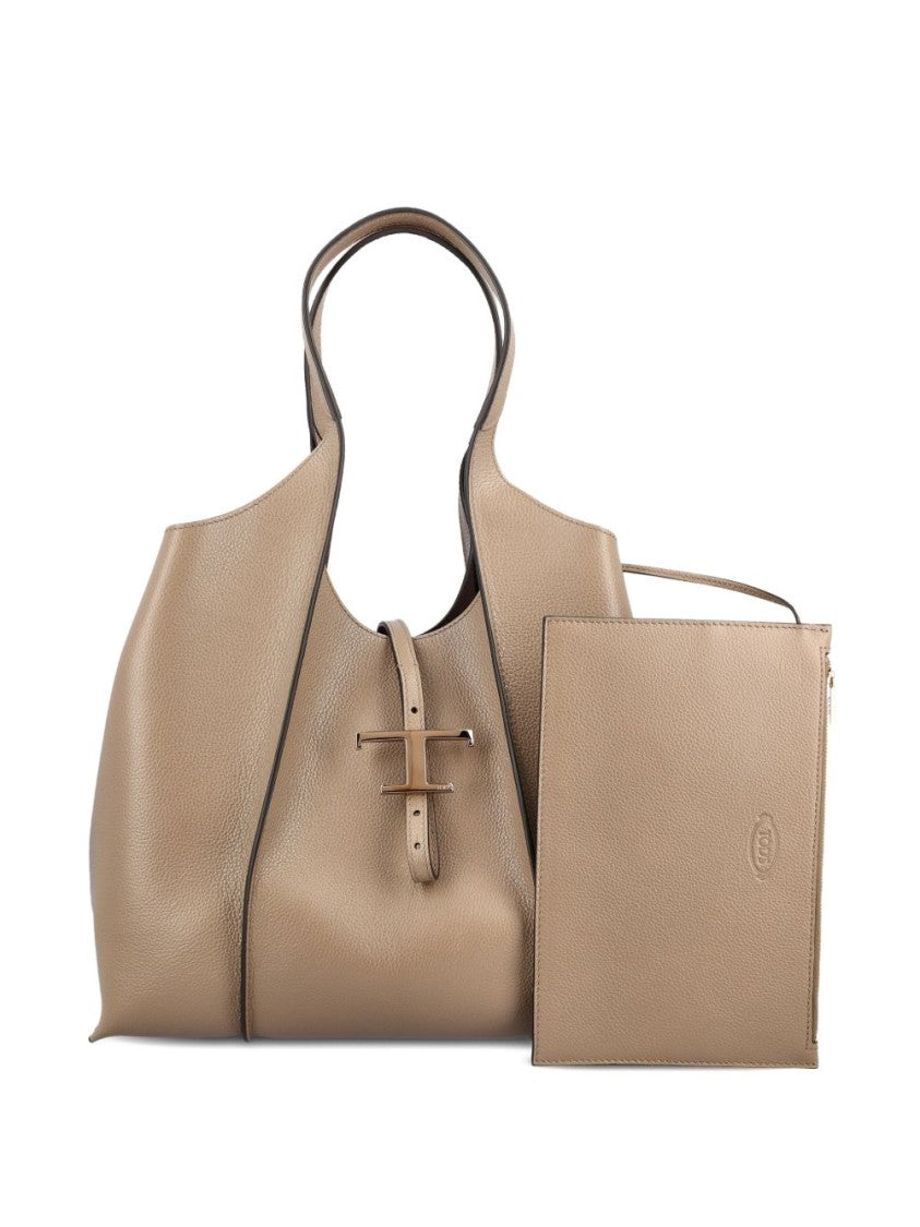 Tod's Beige Grained T-Buckle Pouch Tote