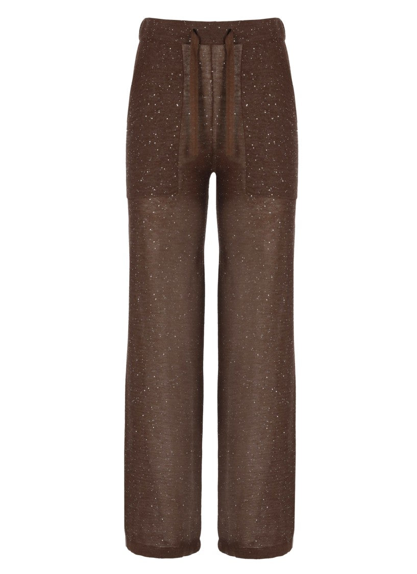 Kangra Brown Viscose Sequined Drawstring Straight-Leg Pants