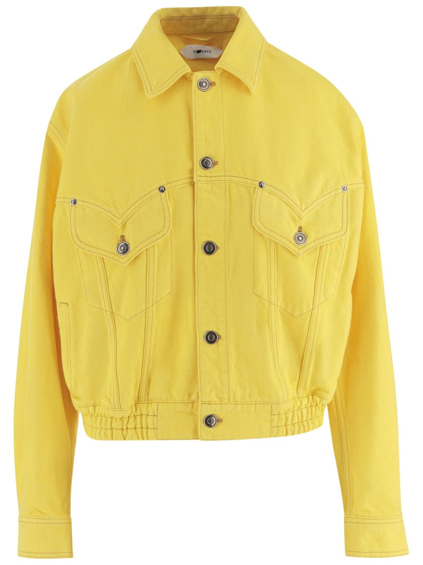 Versace Cropped Cotton Denim Jacket With Pointed Collar And Elasticated Waist