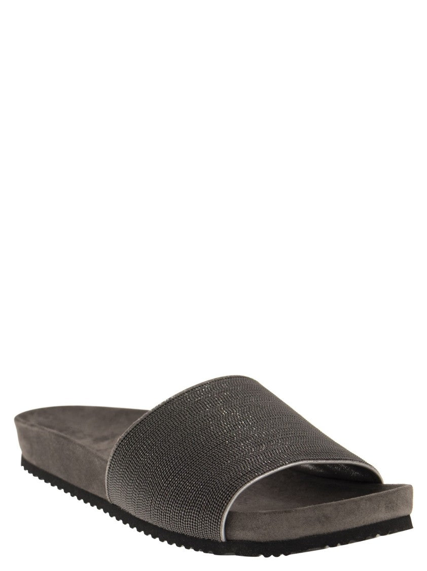 Brunello Cucinelli Lignite Slides With Embroidered Monili Embellishment
