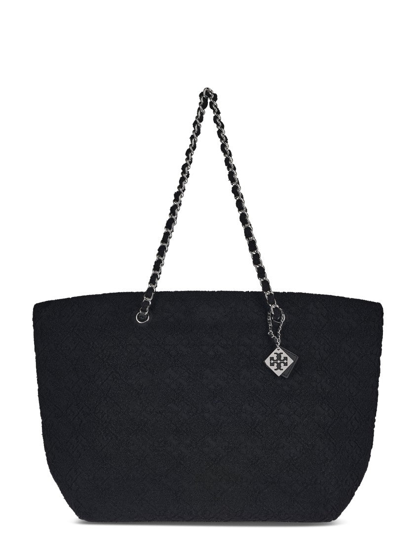 Tory Burch Textured Black Terry Chain Tote With Spacious Interior