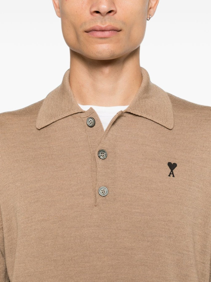 Ami Paris Long-Sleeve Polo Shirt With Classic Collar And Embroidered Logo