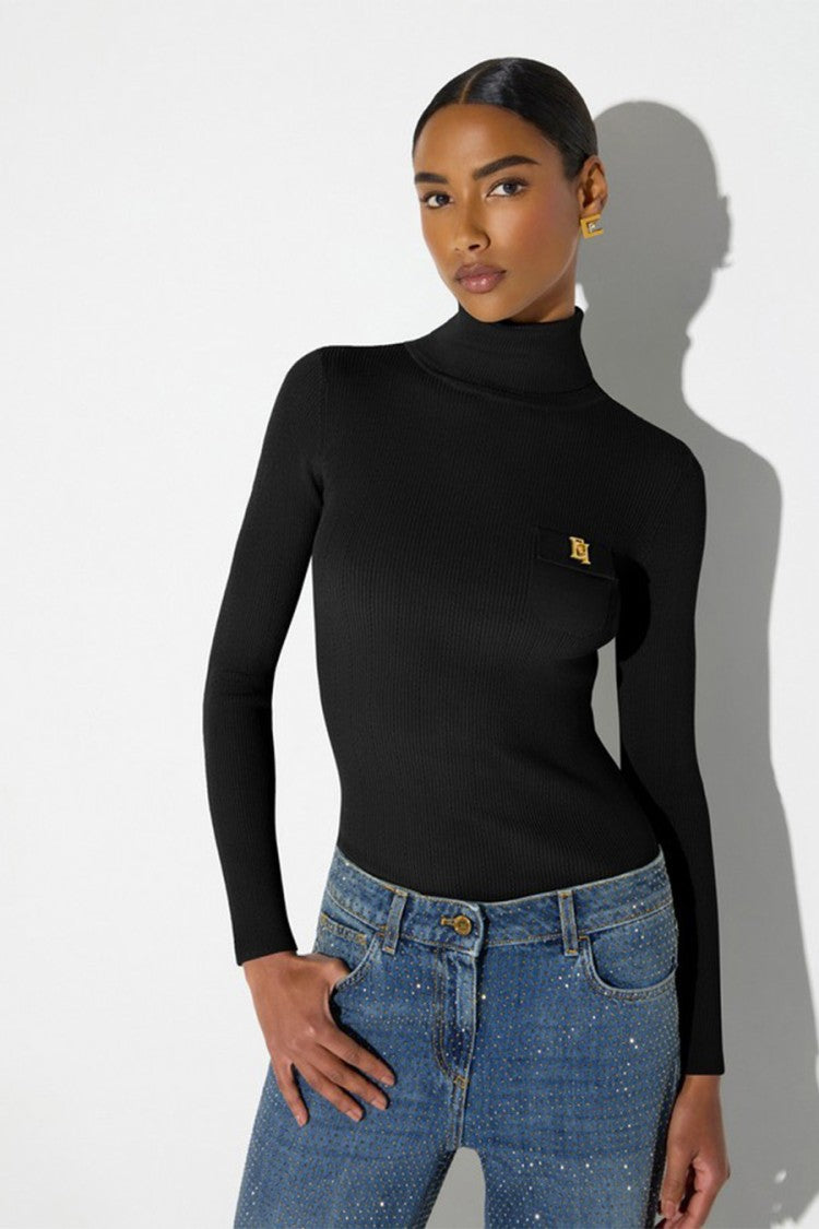 Elisabetta Franchi Black Ribbed Logo Patch Pocket Lyocell-Blend Turtleneck Sweater
