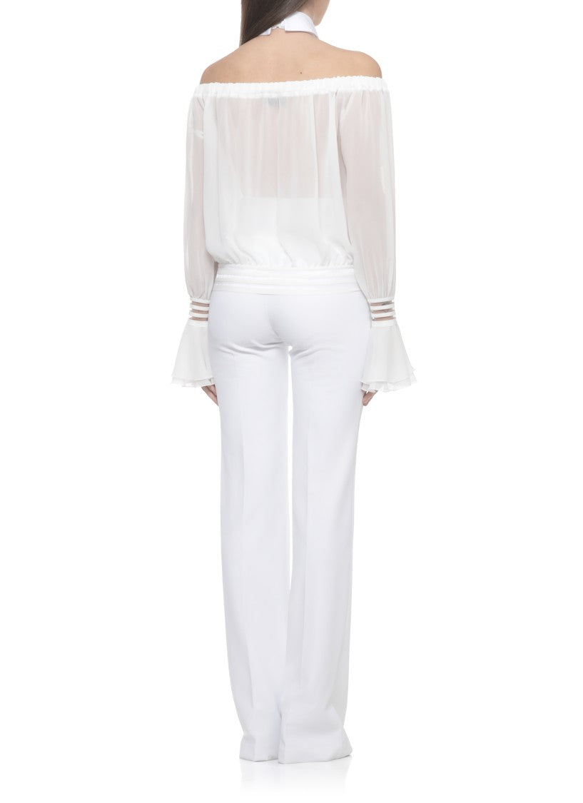 Elisabetta Franchi White Off-The-Shoulder Volant Blouse