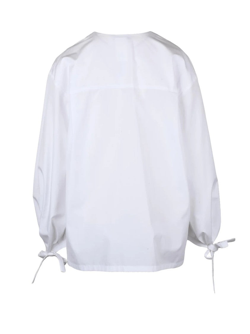 Max Mara Puff Sleeve Cotton Shirt With V-Neckline And Delicate Ties
