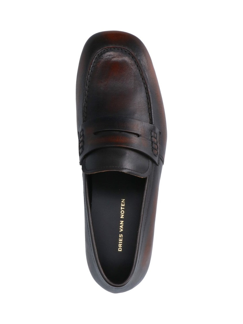 Dries Van Noten Brown Worn-Effect Squared Toe Leather Moccasins