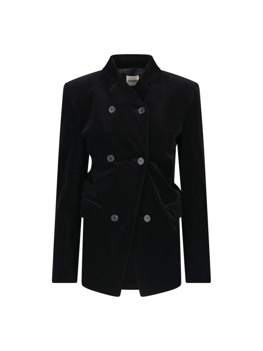 Khaite Double-Breasted Black Velvet Rolo Jacket With Draped Waist